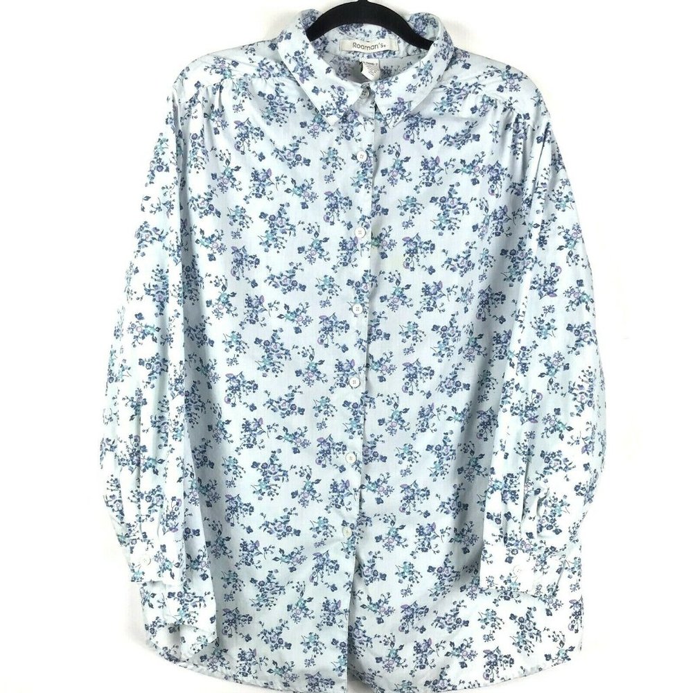 Roamans Blue Floral Blouse Button Front LS